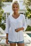 White V-Neck 3/4 Sleeve Buttoned Embroidered Cotton Oversize Woven Blouse 73 60 - 5
