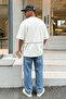 Men's Oversize Zipper Detailed Minimal Embroidered T-Shirt Ecru - 4