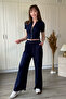 Zippered Shirt Collar Modal Fabric Cardigan Navy Blue Set - 6