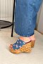 Women's Lady Blue Denim 10 cm Padded Written Cork Sole Slipper K-401 - 6