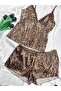 Leopard Patterned Satin Lace Detailed Strappy Shorts Pajama Nightgown Set - 7