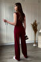 High Collar Gathered Waist Asymmetrical Trousers Blouse Burgundy Set - 5