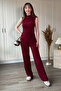High Collar Gathered Waist Asymmetrical Trousers Blouse Burgundy Set - 9