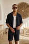 Men's Corduroy Short Sleeve Shirt & Shorts Navy Blue Bottom-Top Set Ls-8993 - 3