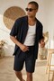 Men's Corduroy Short Sleeve Shirt & Shorts Navy Blue Bottom-Top Set Ls-8993 - 2
