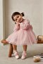 My Little Girl's Rose Patterned Long Sleeve Evening Dress - Pink