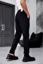 Men's Black Relaxed Fit Elastic Waist Lace-Up Jogger Fabric Trousers with Side Pockets - 6