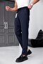 Men's Navy Blue Relaxed Fit Elastic Waist Lace-Up Jogger Fabric Trousers with Side Pockets - 4