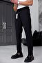 Men's Black Relaxed Fit Elastic Waist Lace-Up Jogger Fabric Trousers with Side Pockets