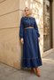 Zippered Baby Collar Pearl Detail Belted Denim Dress - Navy Blue - Navy