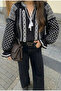 Women's Black Tassel Collar Embroidered Cotton Blouse with Gathered Cuffs - 2