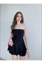Women's black strapless mini dress with shorts - ruched, chic summer style - 2