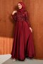 Burgundy Sleeves Feathered Top Sequined Satin Evening Dress