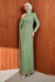 Green Draped Evening Dress with Pearl Detail - 3