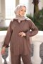Brown Buttoned Tunic Pantsuit with Stone Detail on the Front - 3