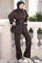 Brown Buttoned Garnished Jacket and Trousers Set
