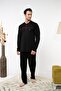 Men's Long Sleeve Buttoned Pocketed Cotton Seasonal Navy Blue Claret Red Pajama Set - 2