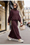 Buttoned Gold Tensel Set - Hijab Suit with Skirt - Burgundy - 2