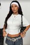 Cool Bele Sitting White Wide Sleeve Blouse with Elastic Waist and Corset Detail, Crew Neck - 4