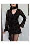 Black Embossed Mini Dress with Scarf Collar – Long Sleeve Stylish Evening & Event Dress - 4