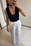 White Linen High Waist Palazzo Trousers with Drawstring - 7