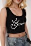 Crystal Stone Premium Cotton Women's Black Wide Strap Basic Crop Open Waist Sleeveless Tshirt Body - 2