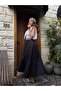 Black A-Line Pleated and Belted Long Poplin Women's Skirt 31070 - 6