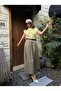 Khaki A-Line Pleated and Belted Long Poplin Women's Skirt 31070 - 6
