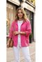 Fuchsia pink seasonal shirt with fold-over sleeves, mesh detailing on the sides, and a hooded design with linen lace-up ties.