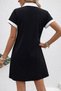 Women's Short Sleeve V-Neck Front Stripe Detailed Collared Short Crepe Dress - 4