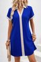 Women's Short Sleeve V-Neck Front Stripe Detailed Collared Short Crepe Dress - 3