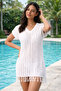 Women's White Sleeveless Knitted Patterned Front Back V-Neck Tasseled Trend Mini Beach Dress - 6