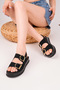Women's Black Suede Sandals with Double Buckle and Elastic Back