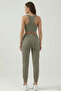 Women's Khaki Double Pocket High Waist Jogger Sweatpants and Zipper Bustier Crop Top Set - 3