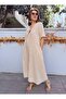 Linen Textured Buckle Cotton Dress Beige - 3