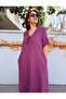 Linen Textured Buckle Cotton Dress Purple - 5