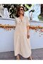 Linen Textured Buckle Cotton Dress Beige - 6