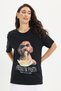 Women's Oversize Wide Cut 100% Cotton Crew Neck Short Sleeve Printed Black T-Shirt Blouse - 6