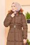 Fur Hooded Mobile Belted Inflatable Coat Brown - 2