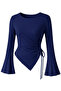 Women's Crew Neck Side Gathered Asymmetrical Bottom Cut Diver Fabric Spanish Sleeve Blouse - 2