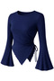 Women's Crew Neck Side Gathered Asymmetrical Bottom Cut Diver Fabric Spanish Sleeve Blouse