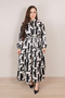 White & Black Typographic Printed Tiered Maxi Dress
