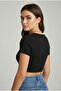 Women's Black Buttoned Henley Collar Short Sleeve Crop Blouse - 2