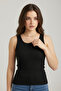 Women's Black Buttoned Henley Collar Ribbed Camisole Slim Fit Undershirt - 3