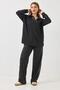 Women's Brown Polo Collar Piping Detailed Modal Fabric Top and Bottom Set Black - 2