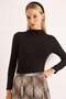 Bodycon Long Sleeve High Neck Ribbed Stretchy Knitted Blouse Black - 3