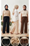 Women's Black Ecru Brown 3-Pack Seersucker Elastic Casual Wide Leg Pants Set