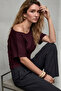 Burgundy Asymmetrical Waist-Fitted 97% Cotton Bat Sleeve Blouse - 3