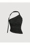 Black Asymmetrical Collar Metal Buckle Crop Blouse Women's Stylish Blouse with Side Ruching Detail, One-Shoulder Gold Accessory - 5