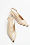 Beige Wrinkled Patent Leather Kitten Heeled Shoes with Gold Toe Detail - 2